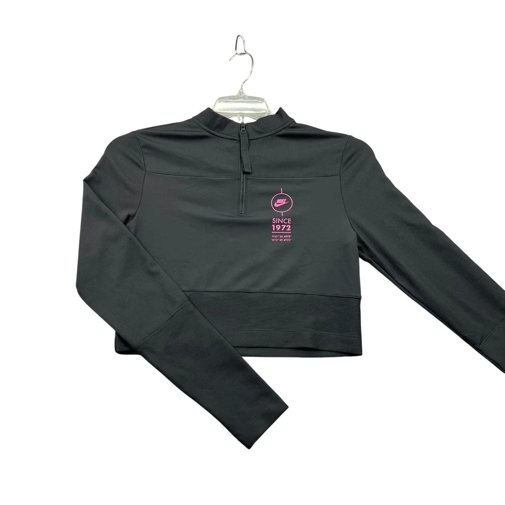 Nike Quarter-Zip Cropped Top Womens Large Black Pink Dri-FIT Ribbed Since 1972
